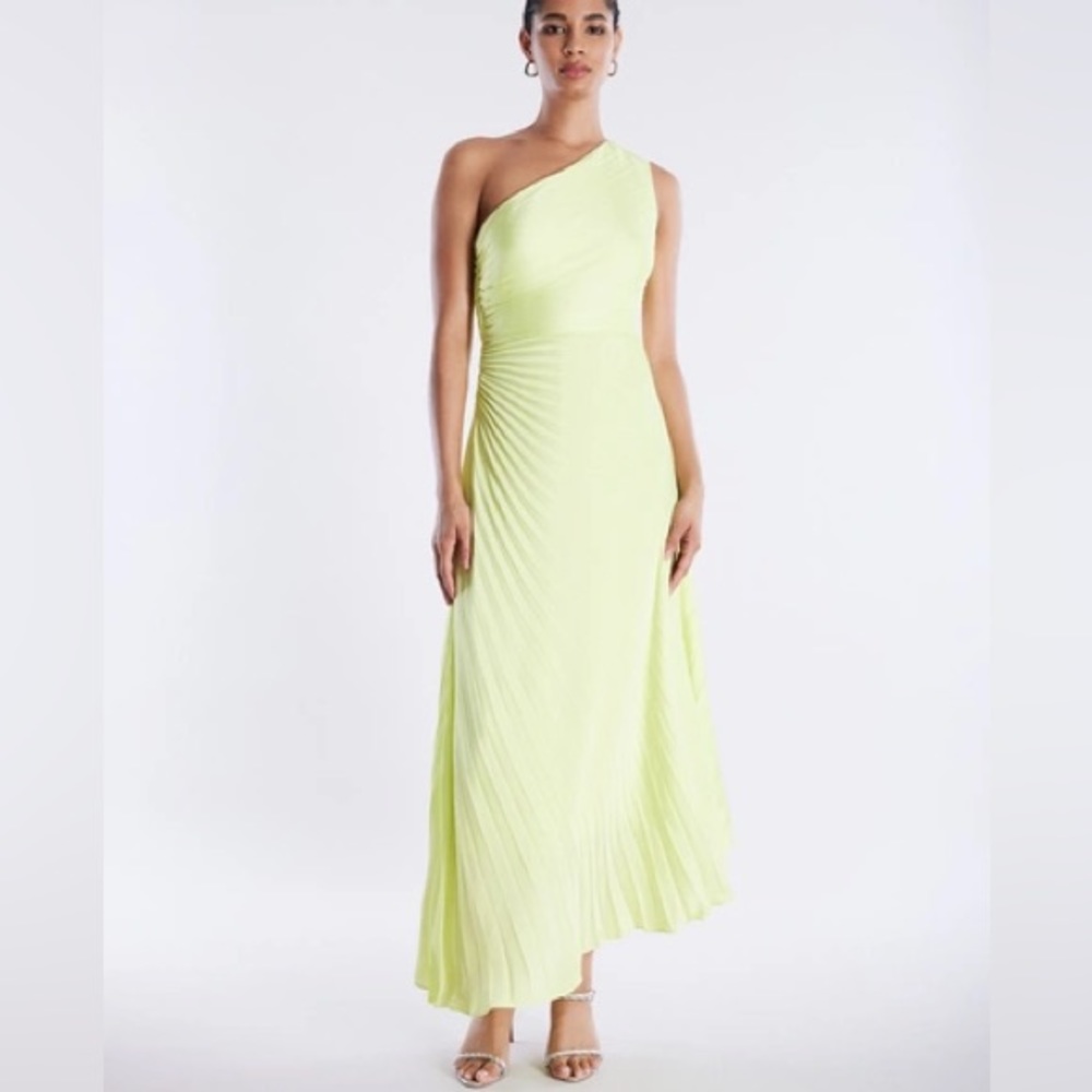 BCBG Acacia One Shoulder Satin Gown jn Sunny Lime